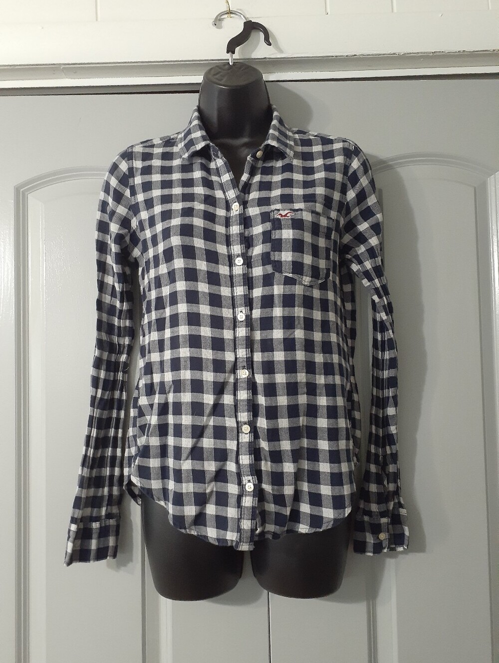 Hollister Navy and white plaid button up shirt